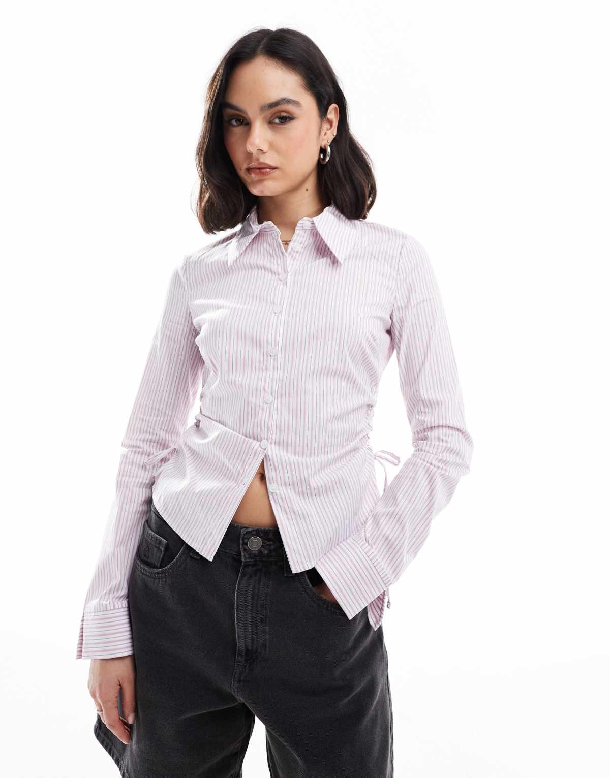 Bershka fitted shirt in pink stripe
