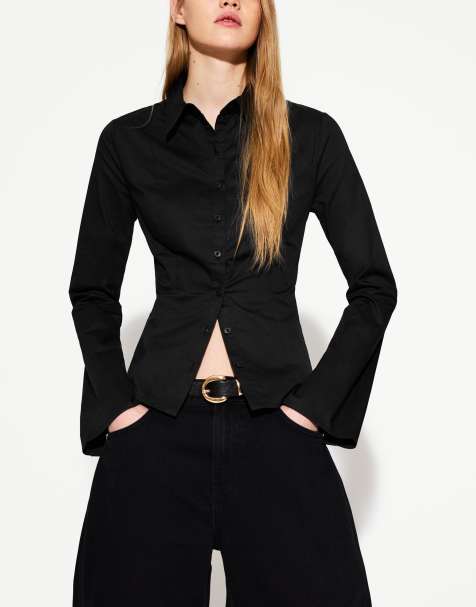 Bershka Fitted shirt with flared sleeves in black - view 1