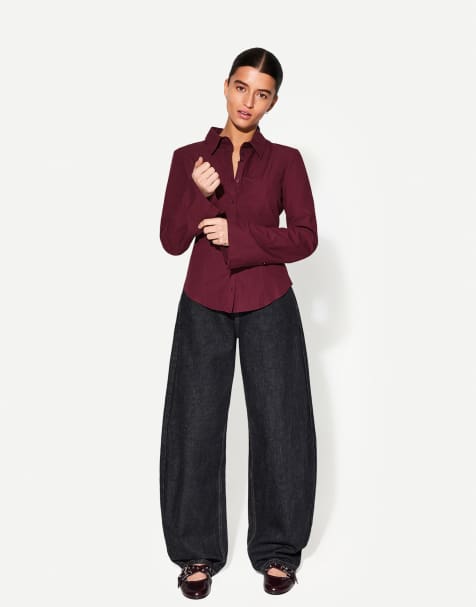Bershka fitted shirt with flared sleeves in burgundy - view 1