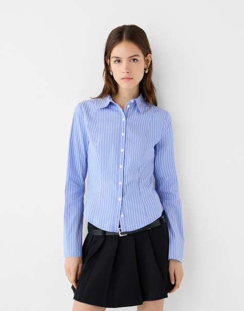 Bershka fitted shirt with flared sleeves in denim blue - view 1