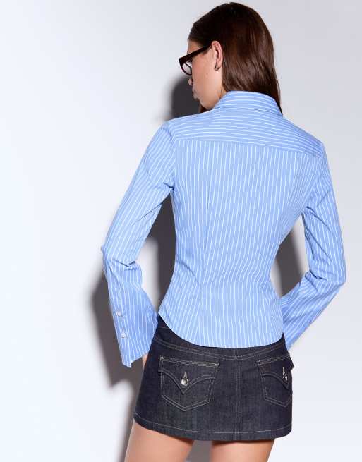 Bershka fitted shirt with flared sleeves in denim blue