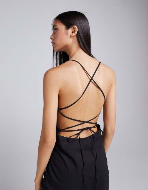 Bershka fitted strappy back mini dress in black