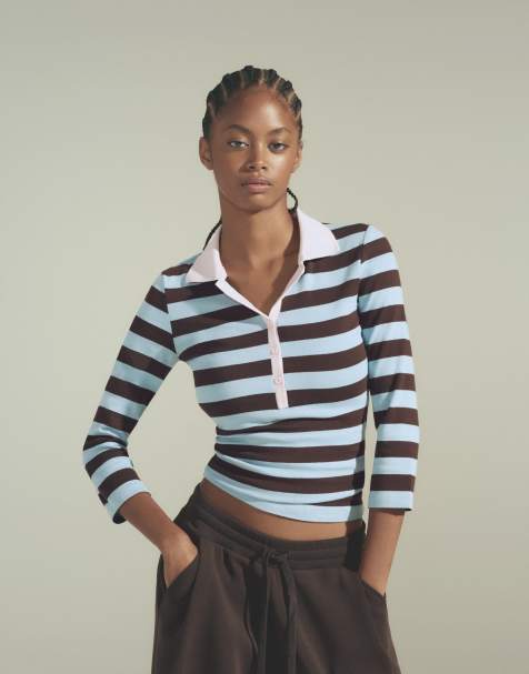 Bershka Fitted striped long sleeve polo shirt in brown - view 1