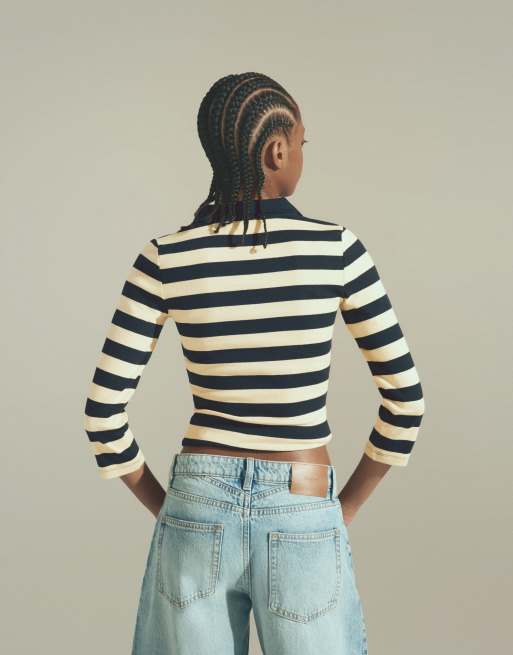 Bershka Fitted striped long sleeve polo shirt in navy, 3 of 5
