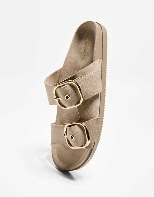 Bershka – Flache Pantoletten in Hellbraun mit Schnallen, 4 von 5