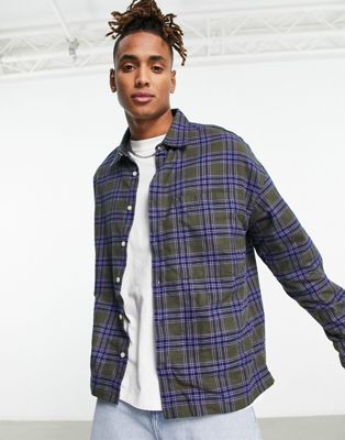 Bershka flannel shirt with check in khaki and blue