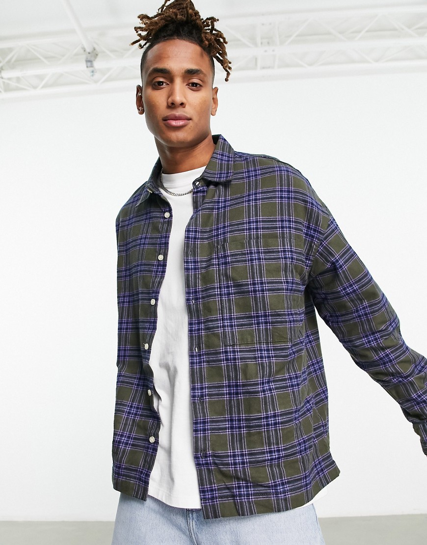 Bershka flannel shirt with plaid in olive and blue-Green