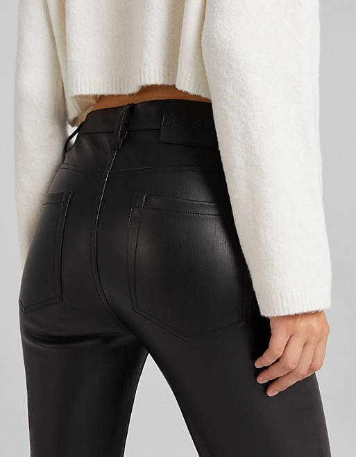 Trousers & Leggings Bershka flare faux leather trouser in black 