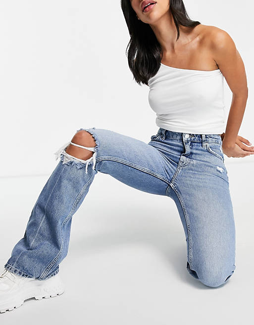 rekenmachine Uittrekken veronderstellen Bershka - Flare jeans met stretch en scheuren in blauw | ASOS