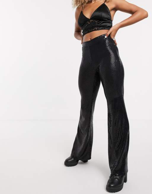 Bershka flare sequin trouser in black | ASOS