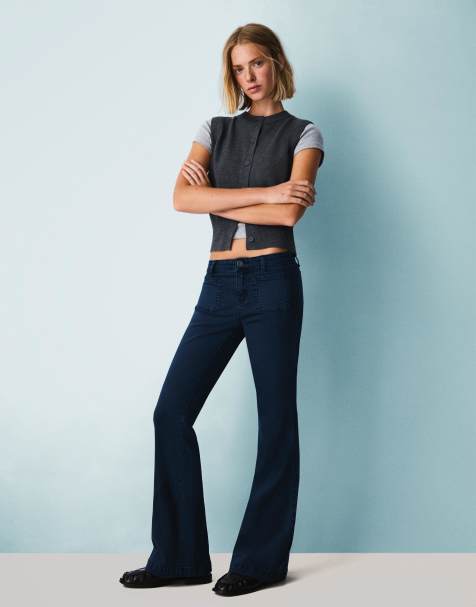 Bershka Flare trousers with flaps and pocket in navy