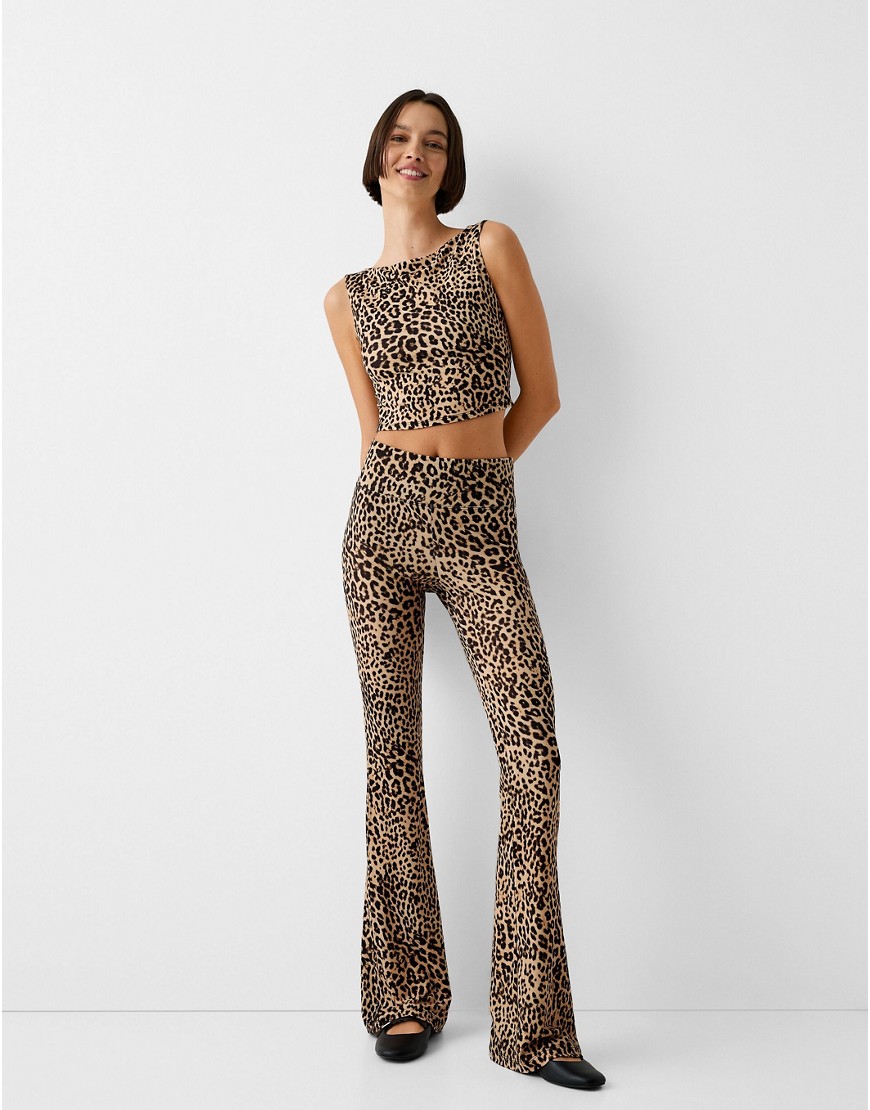 Bershka Flared Pants In Leopard Print-multi In Animal Print