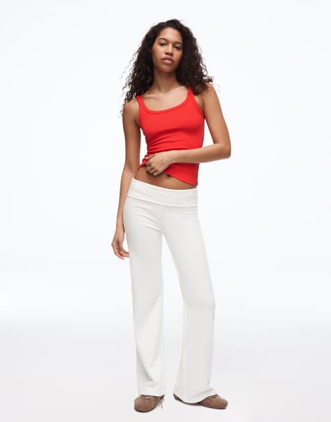 Bershka Flared plush trousers with patch in ecru