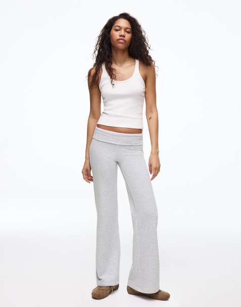Bershka Flared plush trousers with patch in light grey