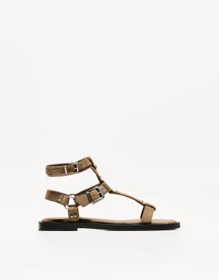  flat slider sandals with buckles in tan
