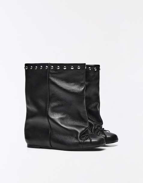 Bershka Flat wide-shaft studded leather ankle boots in black - view 1