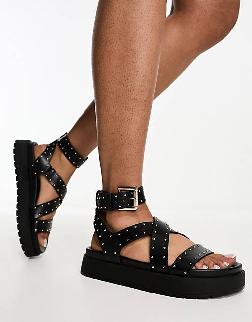Bershka flatform studded sandals in black | ASOS