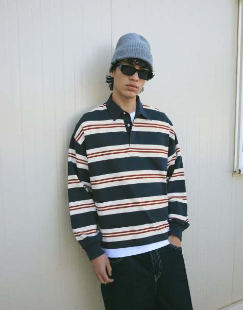 Bershka – Flauschiges Polohemd in Grau gestreift - view 1