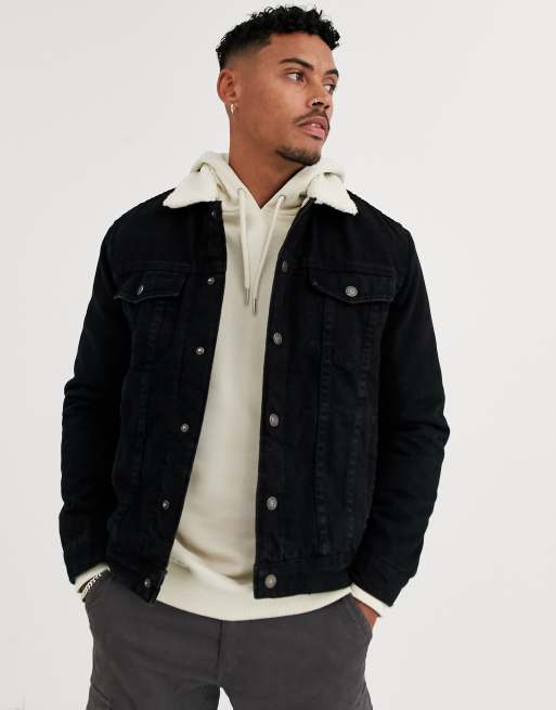 Pile lined store denim jacket black