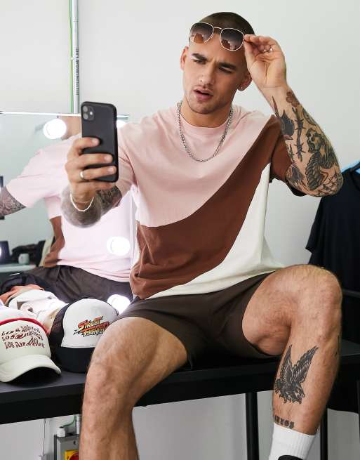 Bershka – Flerfärgad panelsydd t-shirt i oversize