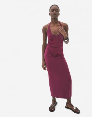Bershka - Fließendes Midikleid in Burgunderrot