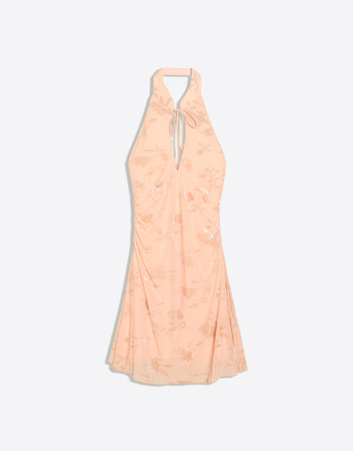 Bershka Flocked tulle halter dress in orange, 5 of 5