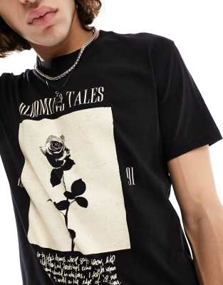 Bershka floral box printed T-shirt in black | ASOS