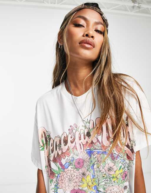 Bershka floral graphic print oversized tee in white