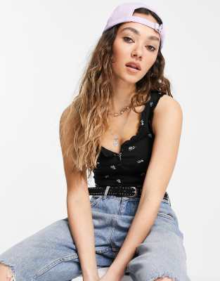 Bershka Floral Printed Cami With Lettuce Edge In Black In Black