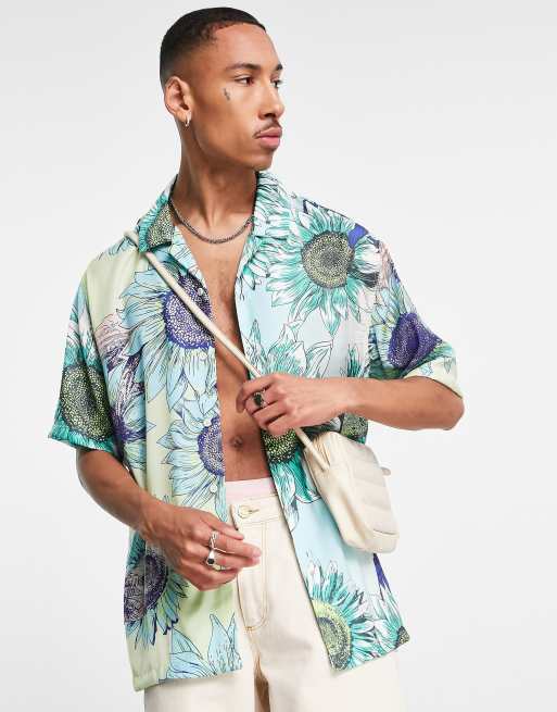 Bershka floral printed shirt in blue