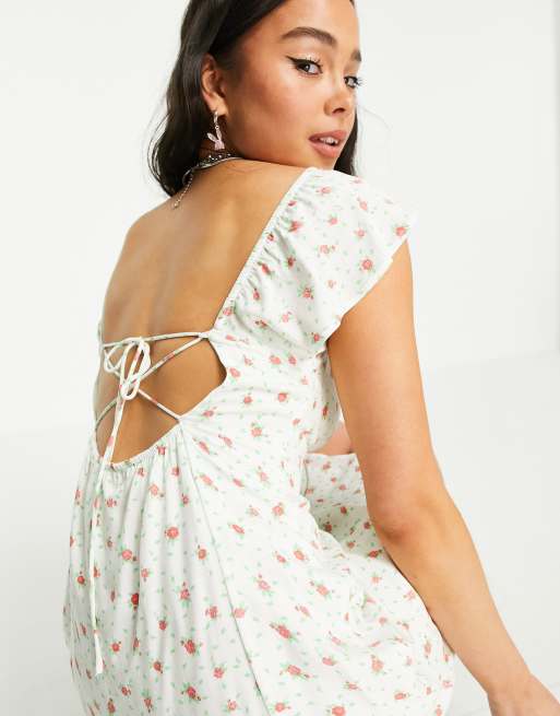 Bershka floral rose printed mini dress with lace up back in ecru