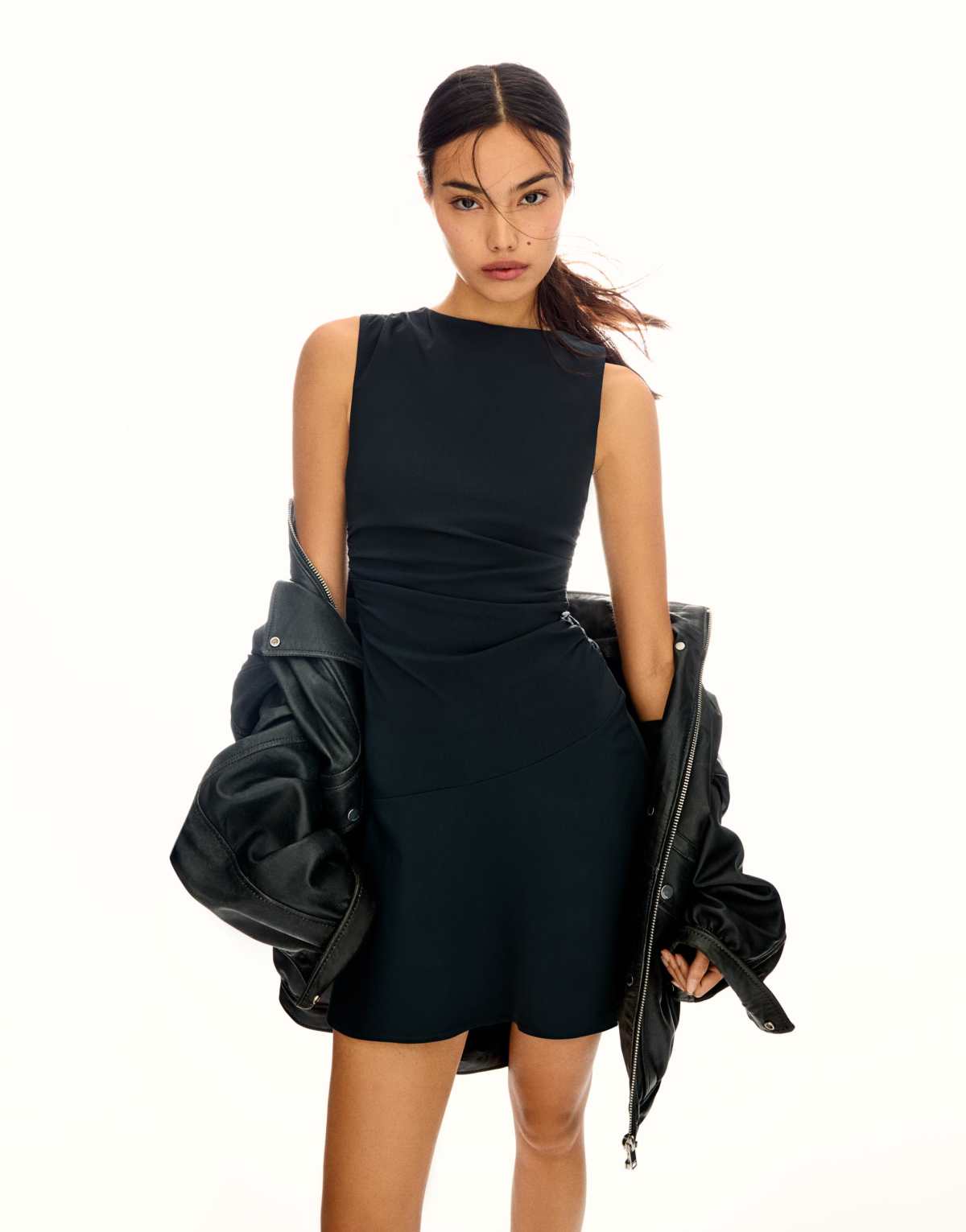 Bershka Flounce bengaline mini dress in blue