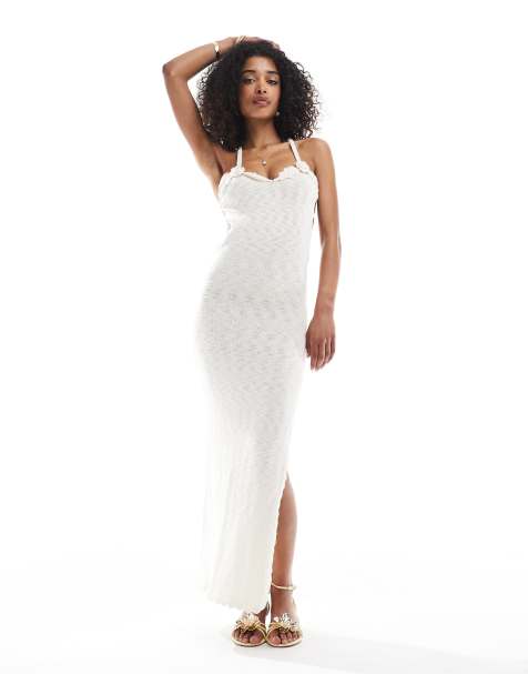 Bershka flower applique knitted maxi dress in ecru