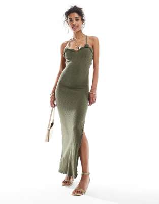 Bershka flower applique knitted maxi dress in khaki-Green
