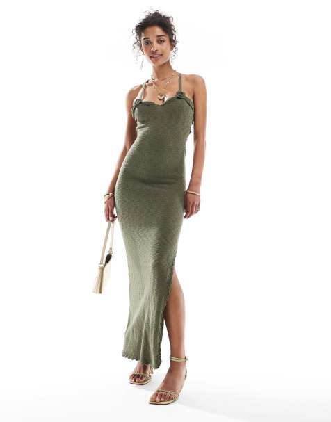 Bershka flower applique knitted maxi dress in khaki - view 1