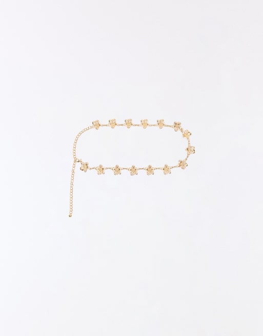 Bershka Flower chain belt in gold, 4 of 4