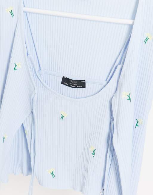 Bershka flower embroderied singlet and cardigan co-ord in blue