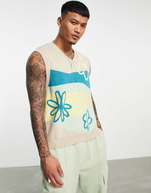 Bershka flower print knitted singlet in beige