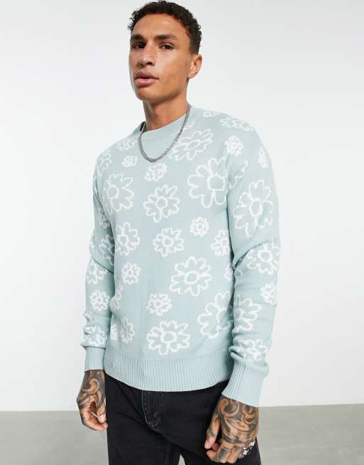 Bershka flower print oversized jumper in sage