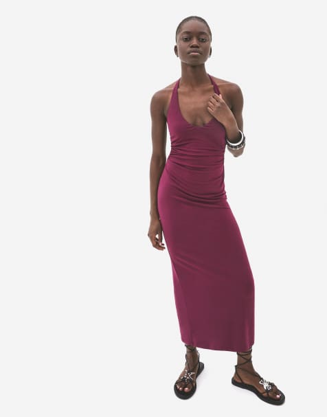 Bershka flowing midi dress in burgundy - view 1