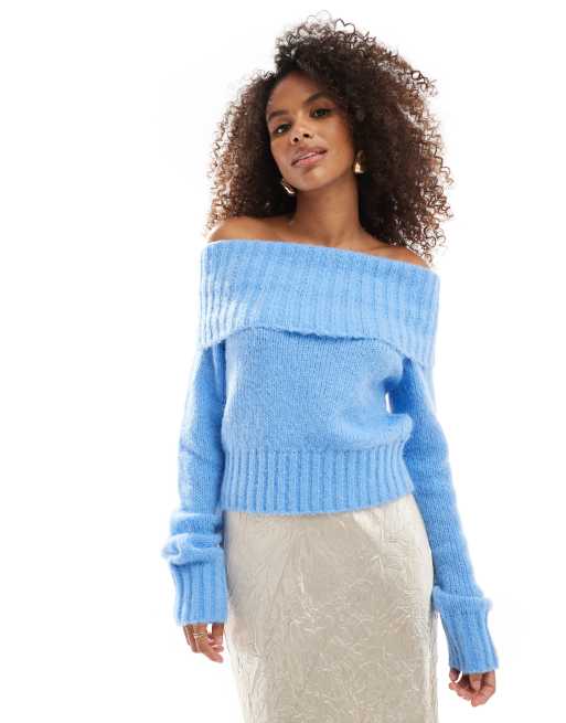 Bershka fluffy bardot jumper in light blue ASOS