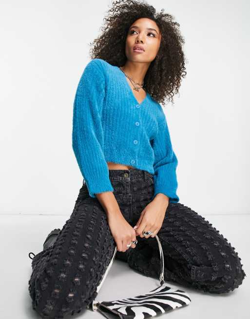 Bershka fluffy cardigan in bright blue | ASOS