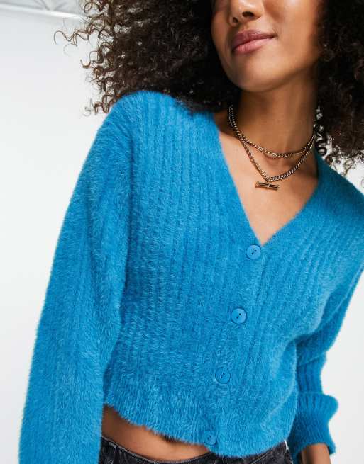 Bershka fluffy cardigan in bright blue ASOS