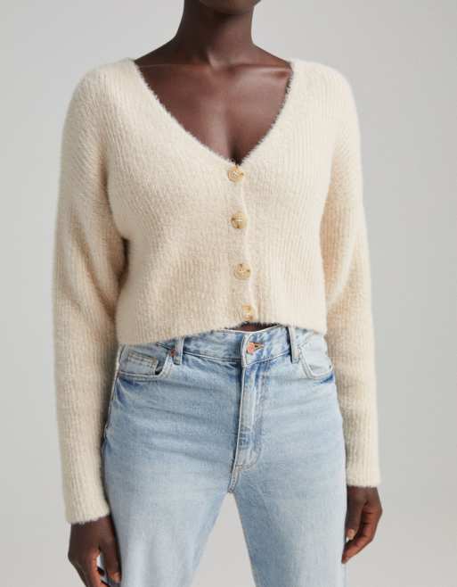 Bershka fluffy cardigan in camel