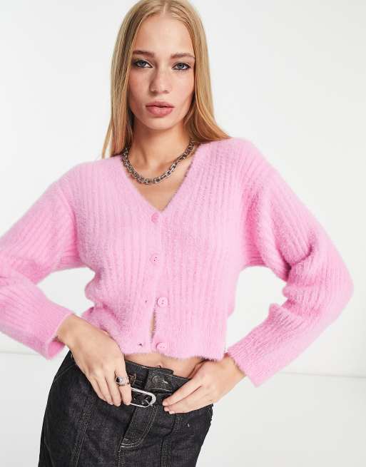 Bershka fluffy cardigan in pink ASOS