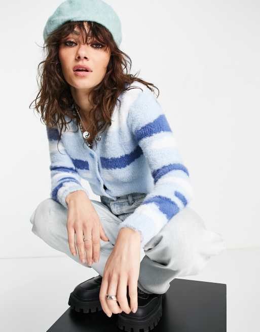 Bershka fluffy cardigan with stripe detail in blue ASOS