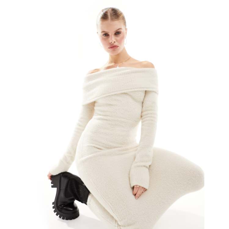 Bershka fluffy knit bardot maxi dress in cream | ASOS