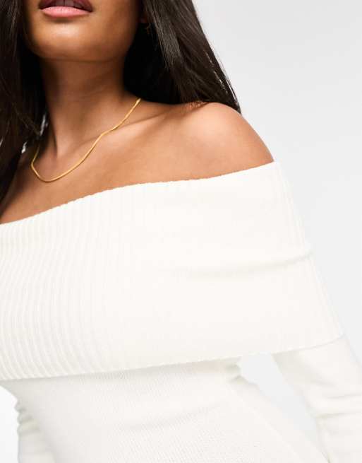 bershka white off shoulder dress Bershka fluffy knit bardot maxi dress in cream