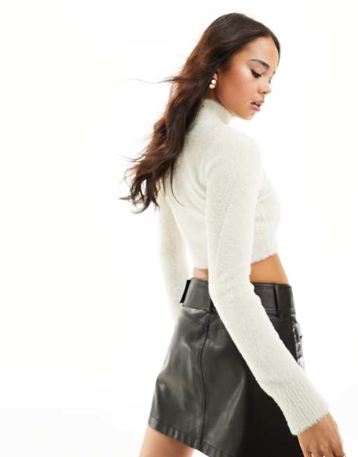 Bershka fluffy knit high neck jumper in beige