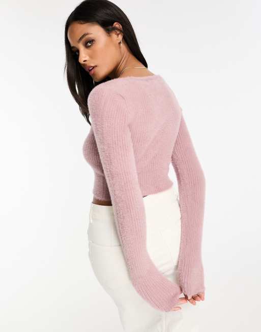 Bershka fluffy knit square neck jumper in pale pink, 2 of 4